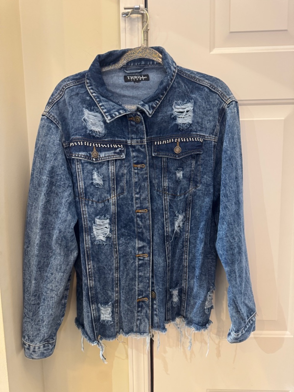 Thrill Distressed Blue Jean Jacket with Stud Detail